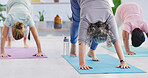 Elderly woman, fitness and stretching with yoga class for spiritual wellness or balance together. Senior people, yogi and coaching in svanasana pose for warm up, awareness or indoor exercise on mat