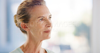 Buy stock photo Home, thinking and woman with ideas, wonder an contemplation with reflection, ponder and relax. Mature person, thoughtful and solution with memory, remember and nostalgia with weekend break and rest