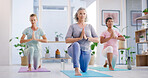 Senior people, fitness and stretching with yoga class for spiritual wellness or balance together. Elderly women, yogi and coaching in warrior pose for warm up, mindfulness or indoor exercise on mat