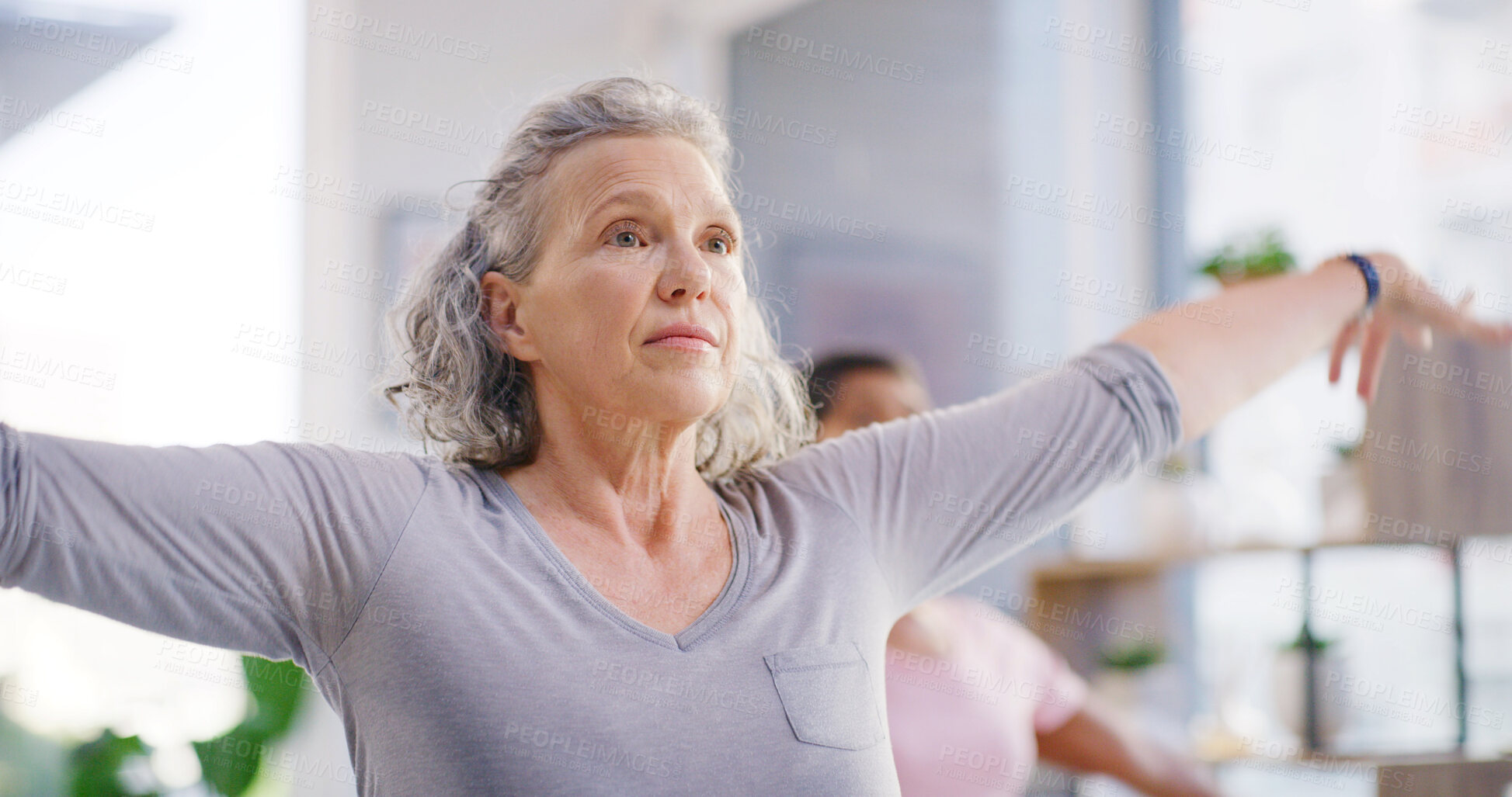 Buy stock photo Senior woman, fitness and stretching with yoga class for spiritual wellness or balance together. Elderly people, yogi and coaching in warrior pose for warm up, mindfulness or retirement exercise