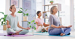 Yoga class, mature women and meditation for fitness, mindfulness or easy pose for peace. Yogi, mudra or group of people in studio for zen, chakra or calm with holistic exercise for spiritual wellness