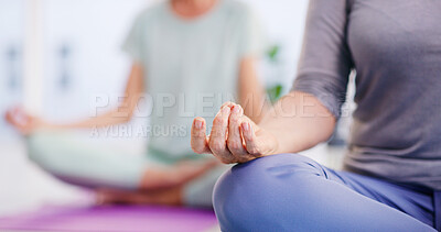 Buy stock photo Yoga class, hands and meditation for fitness, mindfulness or easy pose for peace in club. Yogi, mudra or group of women in studio for zen, chakra or calm with holistic balance for spiritual wellness
