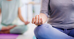 Yoga class, hands and meditation for peace, mindfulness or exercise for fitness in health club. Yogi, mudra and women in studio for zen, chakra and calm with holistic balance for spiritual wellness