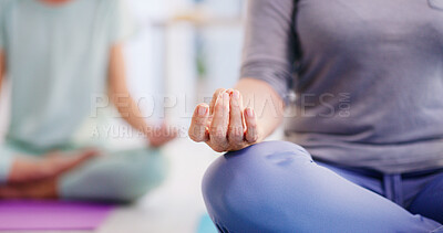 Buy stock photo Yoga class, hands and meditation for peace, mindfulness or exercise for fitness in health club. Yogi, mudra and women in studio for zen, chakra and calm with holistic balance for spiritual wellness