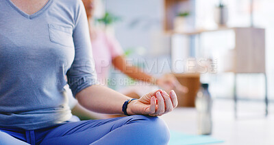 Buy stock photo Yoga class, hands and meditation for calm, mindfulness and exercise for fitness in health club. Yogi, mudra and women in studio for zen, chakra and peace with holistic balance for spiritual wellness