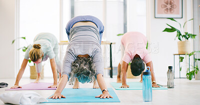 Buy stock photo Senior women, fitness and stretching with yoga class for spiritual wellness or balance together. Elderly people, yogi and coaching in svanasana pose for warm up, mindfulness or indoor exercise on mat