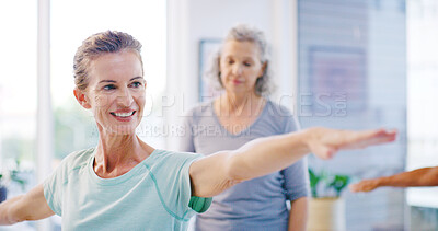 Buy stock photo Mature woman, coaching and stretching with yoga class for spiritual wellness or balance together. Senior people, yogi and fitness in warriors pose for warm up, mindfulness or retirement exercise