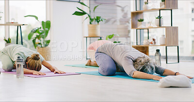 Buy stock photo Yoga class, women and childs pose for stretching, health or meditation for peace with instructor. Yogi, exercise and people with coach in studio for zen, calm and fitness with holistic wellness