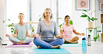 Yoga class, mature women and mediation for zen, mindfulness or fitness with peace for calm. Yogi, breathing exercise and people in studio, health or holistic balance for spiritual wellness with mudra