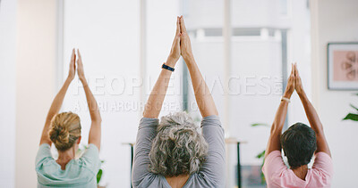 Buy stock photo Yoga class, back and stretching with women in studio for meditation, spiritual balance and fitness. Mindfulness, chakra and peace with group of people in wellness club for holistic healing and relax