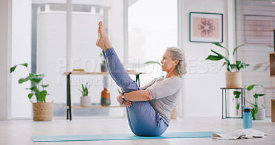Buy stock photo Home, yoga mat and woman with legs up, balance and wellness with posture, relax and stress relief. Hobby, pensioner and mature person with morning routine, fitness and healthy with pilates and calm