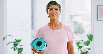 Buy stock photo Portrait, yoga mat and fitness with old woman for health, holistic wellness and self care in club. Smile, yogi and female senior person in studio for active retirement, exercise and pilates practice