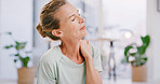 Neck pain, injury and tired with woman in home for osteoporosis, stretching and inflammation. Fibromyalgia, bad posture and arthritis with mature person in living room of apartment for tension