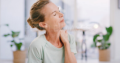 Buy stock photo Neck pain, injury and tired with woman in home for osteoporosis, stretching and inflammation. Fibromyalgia, bad posture and arthritis with mature person in living room of apartment for tension