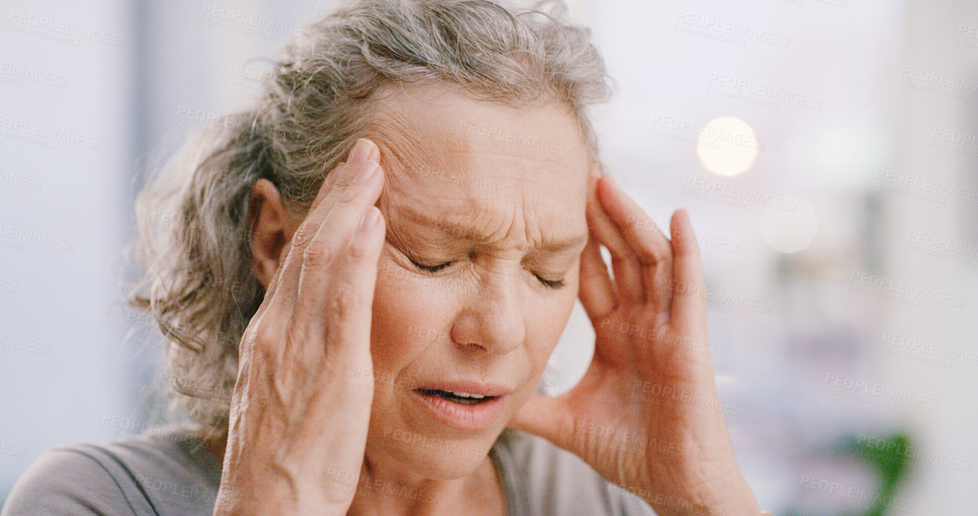 Buy stock photo Old woman, headache and fatigue in house with massage for tension, retirement stress and frustration. Bokeh, exhausted and senior person in home with pain from migraine, burnout and health problem.