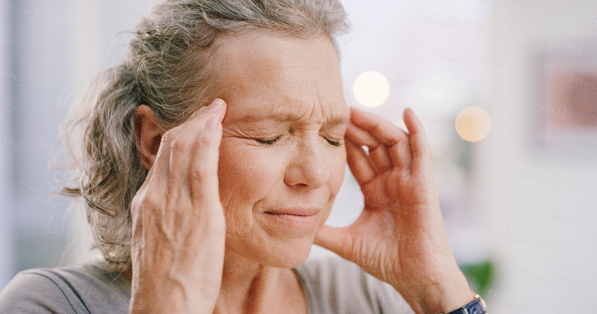 Buy stock photo Old woman, headache and fatigue in home with massage for tension, retirement frustration and stress. Bokeh, tired and senior person in house with migraine from burnout, issue and worry about pension.