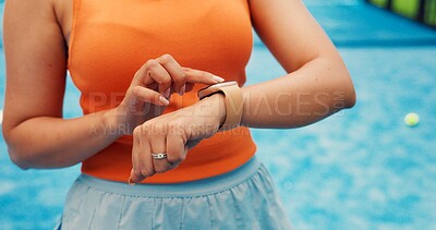 Buy stock photo Fitness, woman or hands with smart watch on tennis court, check steps counter or track calories lost. Outdoor workout, tech or athlete with body health feedback, monitor heart rate or blood pressure