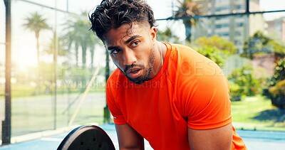 Buy stock photo Padel game, breathe and man outdoor for fitness, training and performance. Tennis court, cardio and workout or club competition with person in match for athlete, exercise and racket tournament