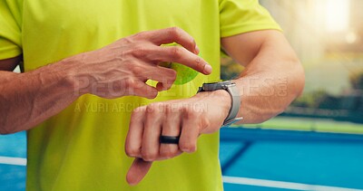 Buy stock photo Fitness, man or hands with smart watch on tennis court, check steps counter or track calories lost. Outdoor workout, tech or athlete with body health feedback, monitor heart rate or blood pressure