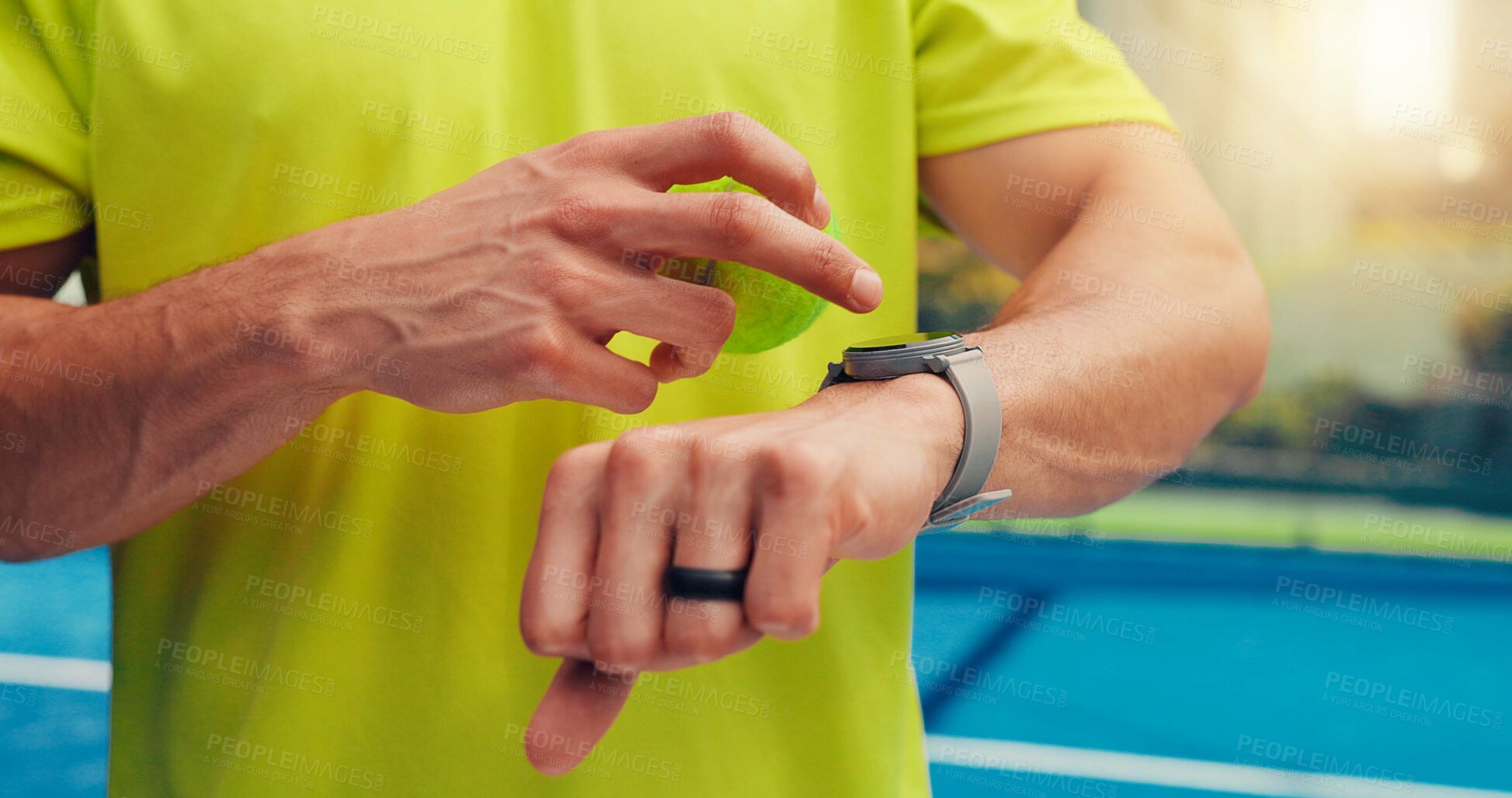 Buy stock photo Fitness, man or hands with smart watch on tennis court, check steps counter or track calories lost. Outdoor workout, tech or athlete with body health feedback, monitor heart rate or blood pressure