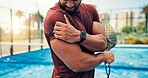 Athlete, man and shoulder pain on padel court from fitness, match accident and muscle sprain. Person, discomfort and joint strain with exercise mistake, inflammation and sports injury from tournament