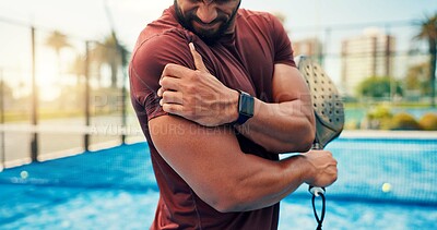 Buy stock photo Athlete, man and shoulder pain on padel court from fitness, match accident and muscle sprain. Person, discomfort and joint strain with exercise mistake, inflammation and tennis injury from tournament