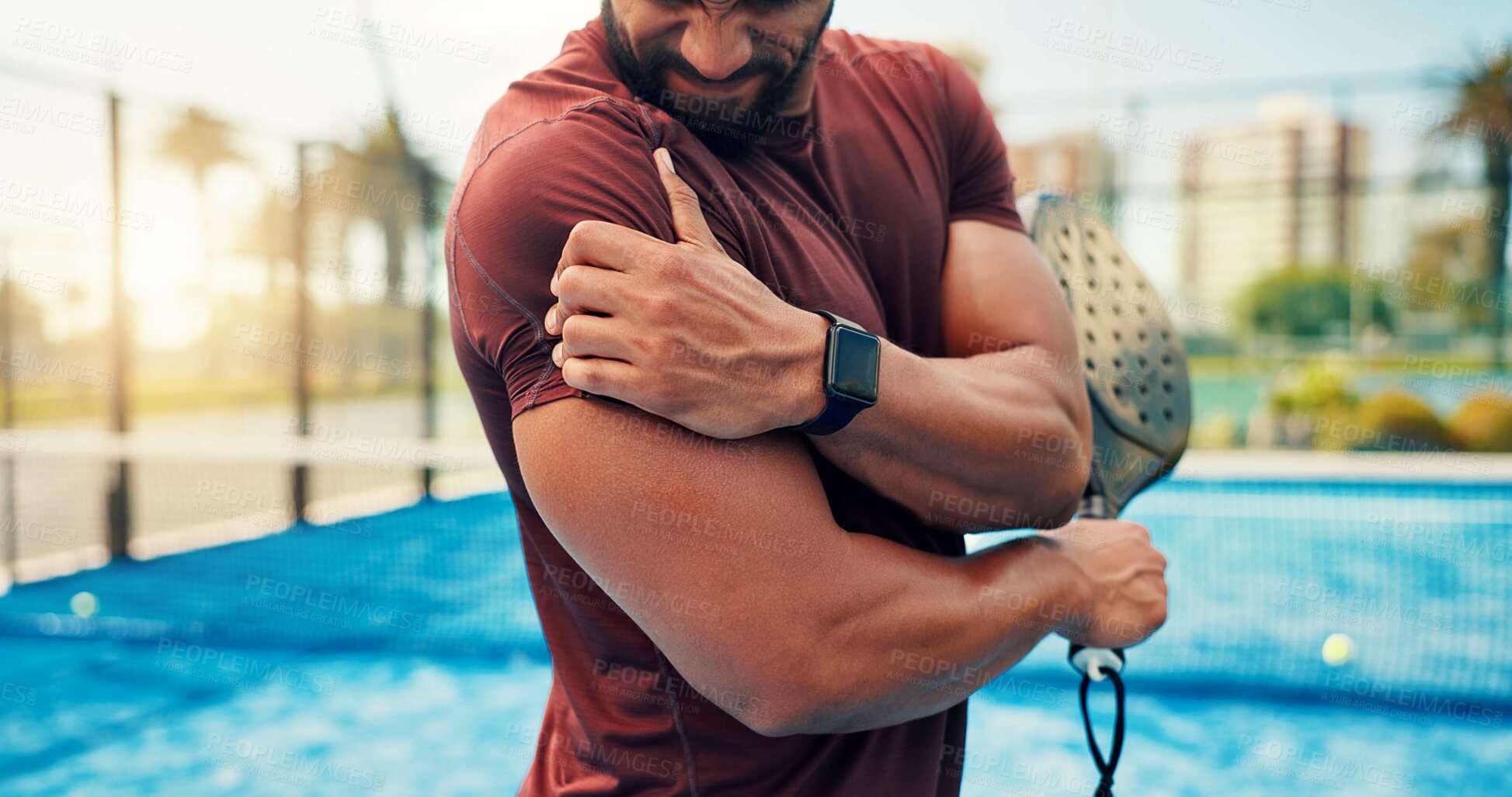 Buy stock photo Athlete, man and shoulder pain on padel court from fitness, match accident and muscle sprain. Person, discomfort and joint strain with exercise mistake, inflammation and tennis injury from tournament