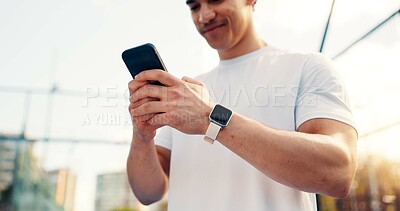 Buy stock photo Below, man and reading with phone on tennis court with fitness app, training tips and track progress. Person, mobile and reservation for padel, technique and video demonstration for sports tournament