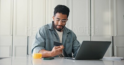 Buy stock photo Man, credit card or payment in home with laptop, purchase or Black Friday discount for online shopping. Person, fintech and eft in apartment with computer, banking transaction or smile for ecommerce.
