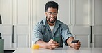 Happy, man or credit card in home with phone, payment or Black Friday discount for online shopping. Person, typing and fintech in apartment with tech, bank transaction and eft purchase for ecommerce.