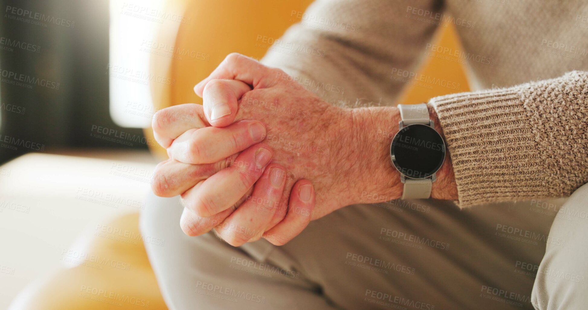 Buy stock photo Nervous, hands and old person waiting on sofa for medical results, health consultation or anxiety. Retirement, senior patient and stress at appointment for healthcare news, diagnosis concern or worry