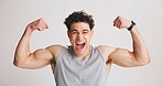 Excited, man and flex muscle for fitness, workout progress and portrait in studio. Strength, person or bodybuilder show bicep for growth, strong or confident with exercise results on white background