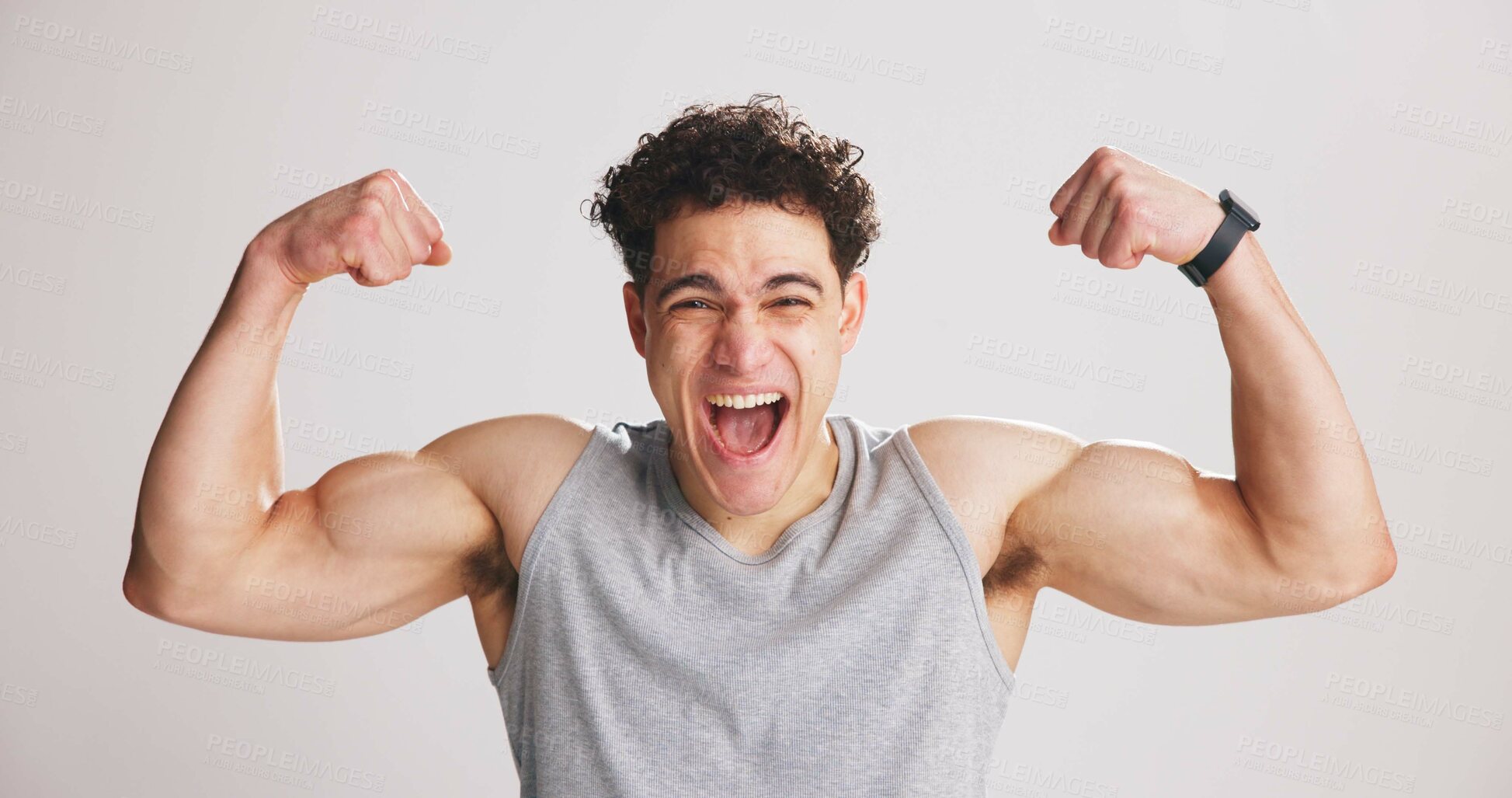 Buy stock photo Excited, man and flex muscle for fitness, workout progress and portrait in studio. Strength, person or bodybuilder show bicep for growth, strong or confident with exercise results on white background
