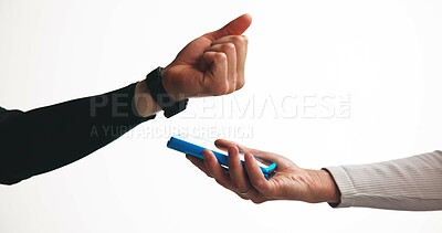 Buy stock photo People, hands or smart watch with pos machine in studio for wireless transaction on a white background. Closeup, customer or payment with wristwatch, NFC or tap to pay for cashless or banking app