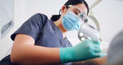 Buy stock photo Cleaning, consulting or healthcare with dentist and patient in office for dental care or hygiene. Appointment, checkup or dentistry exam with people in clinic for assessment or whitening from below