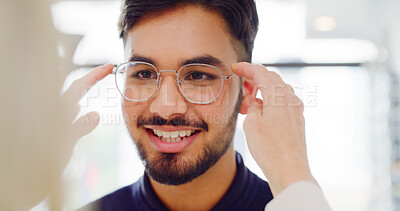 Buy stock photo Optometry, glasses and man in store, help and smile with medical consultation, clear vision or retail. Ophthalmology, customer and patient with eyewear, healthcare and spectacles with appointment