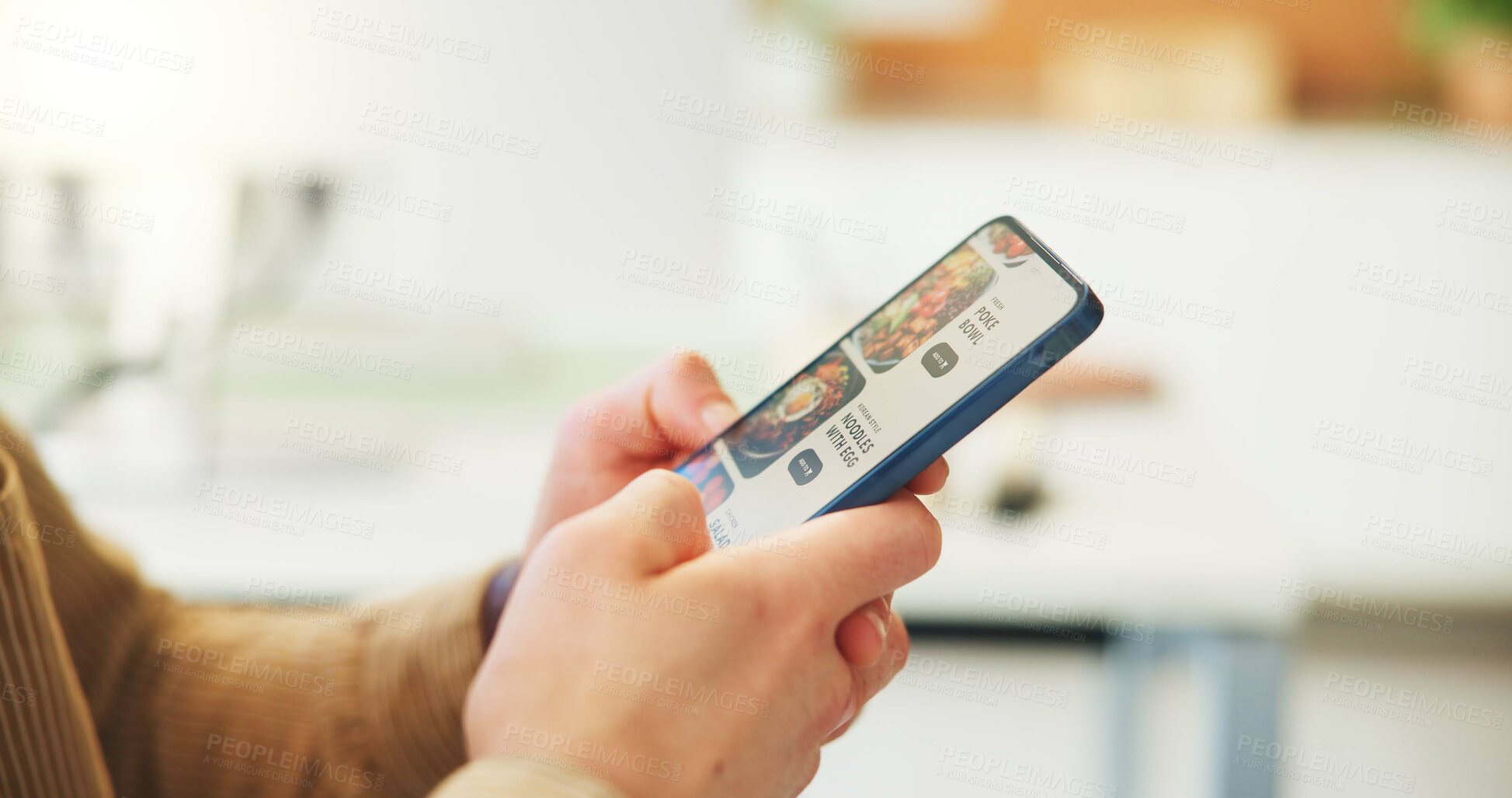 Buy stock photo Man, hands or phone screen in office with food delivery for digital menu, online order or mobile app. Person, scroll or search website with tech for takeaway, meal choice or lunch break in workplace.