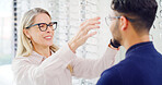 Optometry, decision or people in shop with glasses, variety or assistance in eyewear option. Healthcare, frames or optometrist in store with specs, eye wellness or optical choice in customer service.