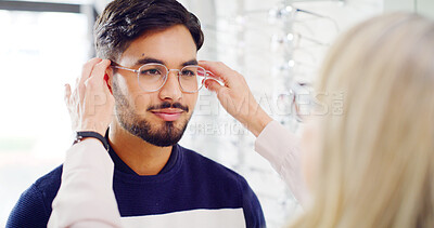 Buy stock photo Optometry, glasses and man with checkup, health and spectacles with medical consultation. Ophthalmology, people or patient with eyewear, appointment or lens frame with choice, prescription or advice
