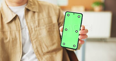 Buy stock photo Green screen, phone or hands of man in creative agency digital marketing or advertising app for branding. Download software, product placement or person with mobile for promotion, chroma key or show
