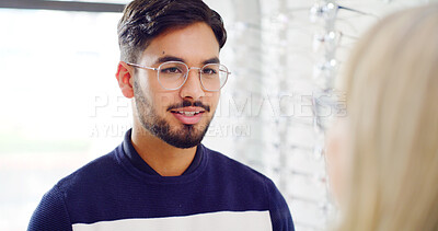 Buy stock photo Optometry, glasses and man with consultation, help and talking with clear vision, feedback or retail. Ophthalmology, people or advice with eyewear, lens frame or spectacles with appointment or choice