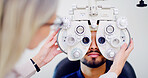 Optometrist, client or man with phoropter for eye exam, vision test or determine prescription for clear sight. Assessment, optometry or people with lens selection machine, consultation or portrait