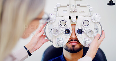 Buy stock photo Optometrist, client or man with phoropter for eye exam, vision test or determine prescription for clear sight. Assessment, optometry or people with lens selection machine, consultation or clinic