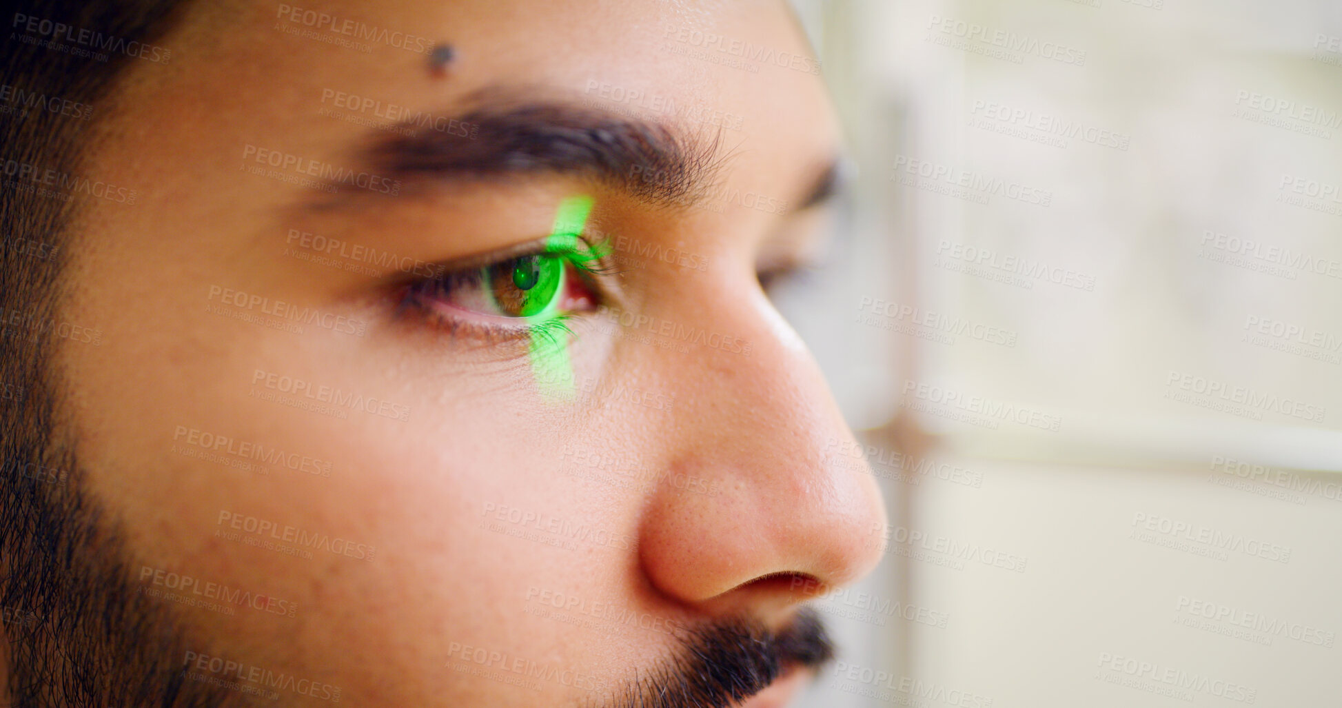 Buy stock photo Eye exam, laser and optometry with man in clinic for assessment, consulting or visual correction. Equipment, OCT test and retina scan with client person at appointment for optical mapping or vision