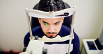 Man, eye test and above with machine for optometry inspection, laser correction and lens procedure. Male person, equipment and light of ophthalmology assessment, retinal evaluation and testing vision