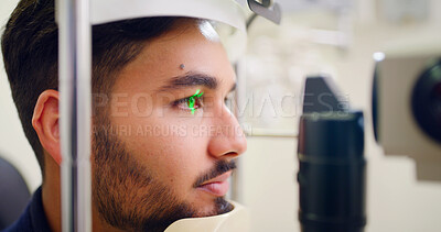 Buy stock photo Man, eye exam and lamp machine for optometry inspection, laser correction and cornea procedure. Male person, equipment and light for ophthalmology assessment, retinal evaluation and testing eyesight