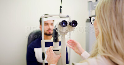 Buy stock photo Man, eye test and lamp machine with optometrist inspection, laser correction and cornea procedure. People, equipment and assistance for ophthalmology assessment, retinal evaluation and testing vision