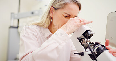 Buy stock photo Equipment, glasses and measure with woman in optometry office for analysis or assessment. Eyewear, lensometer and machine with optometrist in healthcare workplace for prescription frame lenses