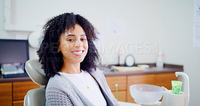 Buy stock photo Portrait, woman and smile for dental care, clinic and confident for medical procedure or appointment. Happy, patient and oral health for person, healthcare and tooth extraction services in office