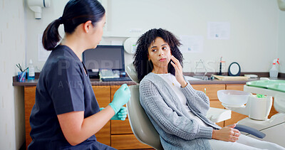 Buy stock photo Appointment, consulting and toothache with woman at dentist for mouth surgery or oral care. Cavity, gum disease or tooth decay with dental professional and patient in office for checkup